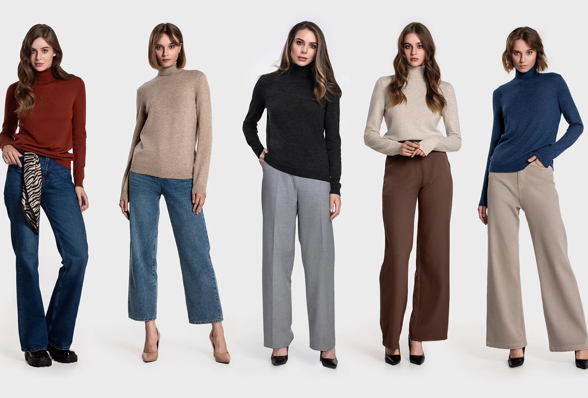 Five styled outfits with knitwear and tailored trousers from the Victorara autumn lookbook